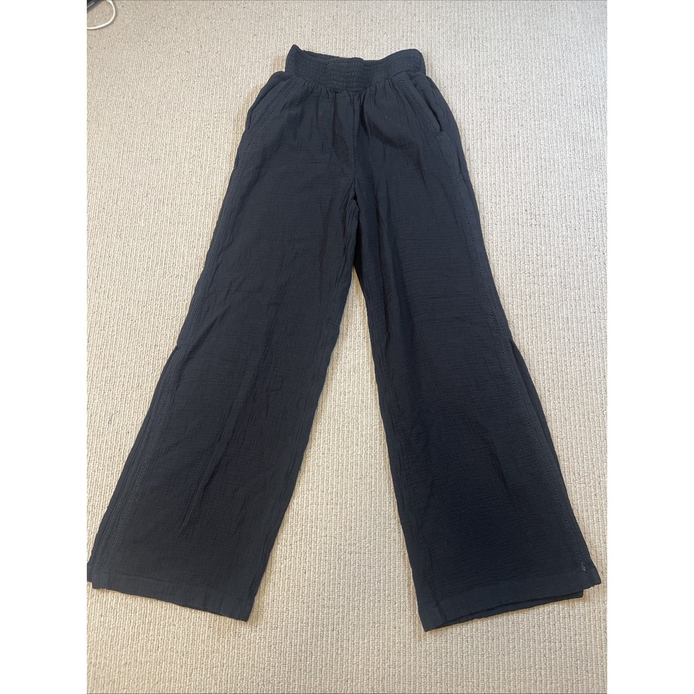 Aerie XS Gauze Wide Leg Pants Crochet Trim Pockets Split Leg Swim Coverup Black